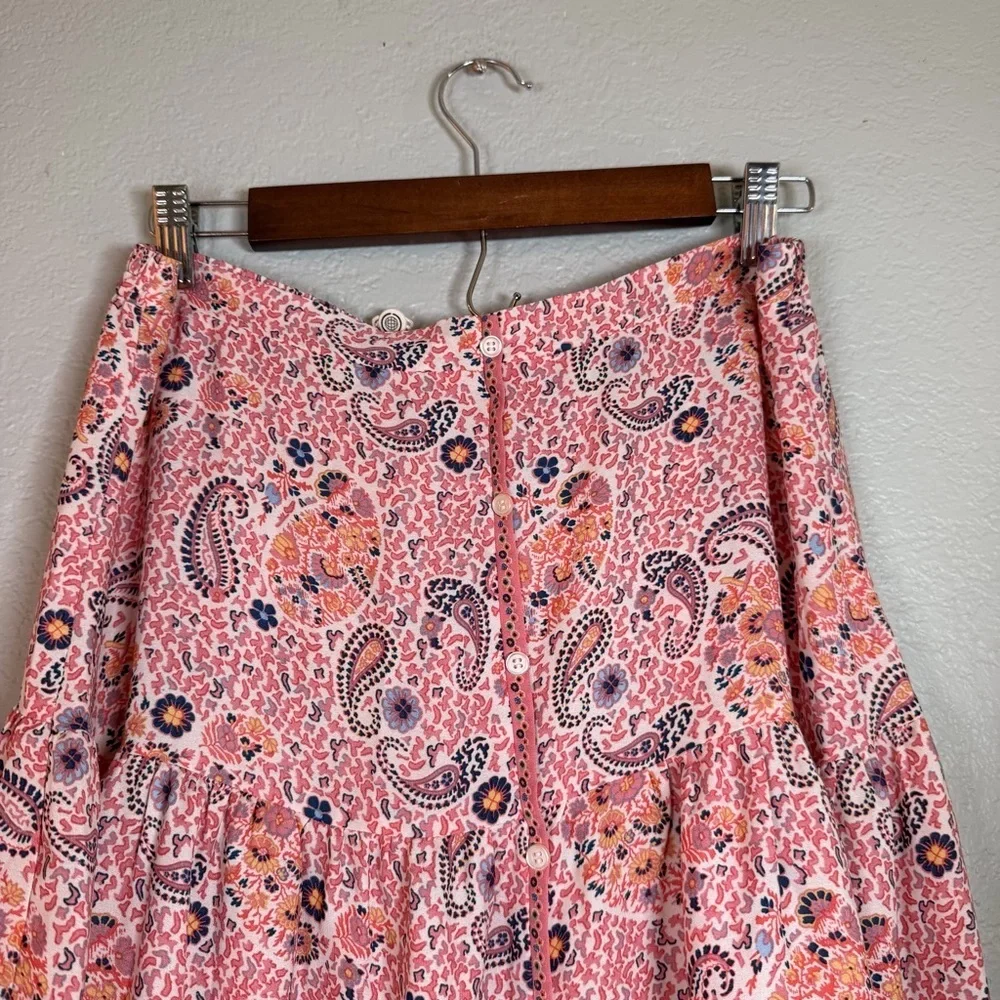 Max Studio Floral Pink Blue Paisley Button Front Detail Tiered Boho Maxi Skirt L